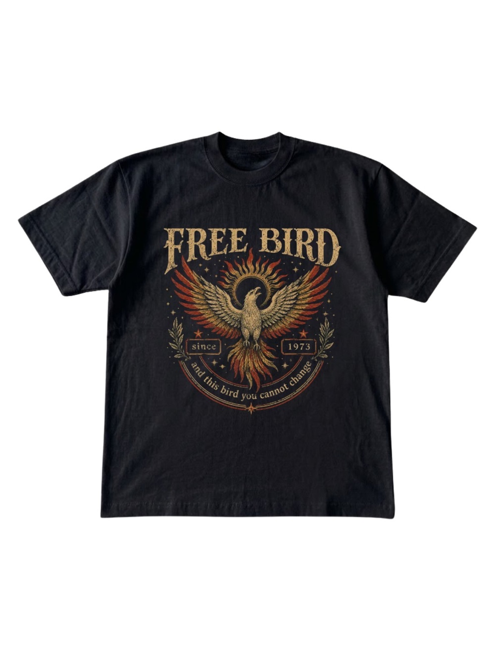 Gildan Freebird Black Tee with Gold and Red Phoenix Graphic